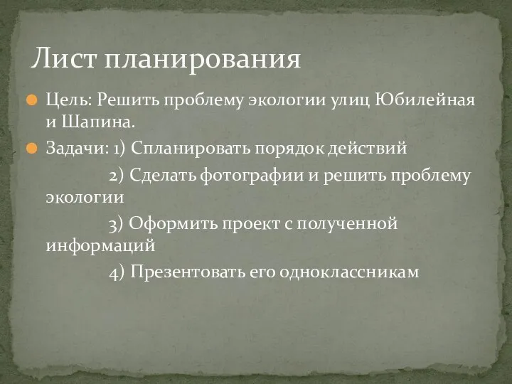 Цель: Решить проблему экологии улиц Юбилейная и Шапина. Задачи: 1) Спланировать