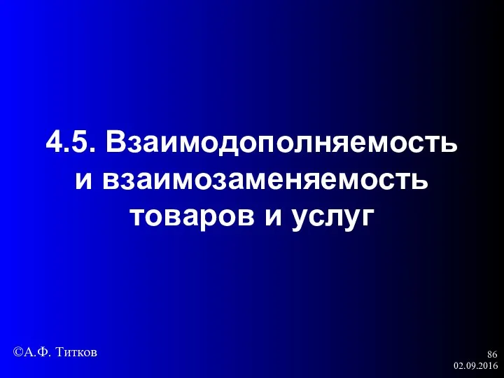 02.09.2016 4.5. Взаимодополняемость и взаимозаменяемость товаров и услуг ©А.Ф. Титков