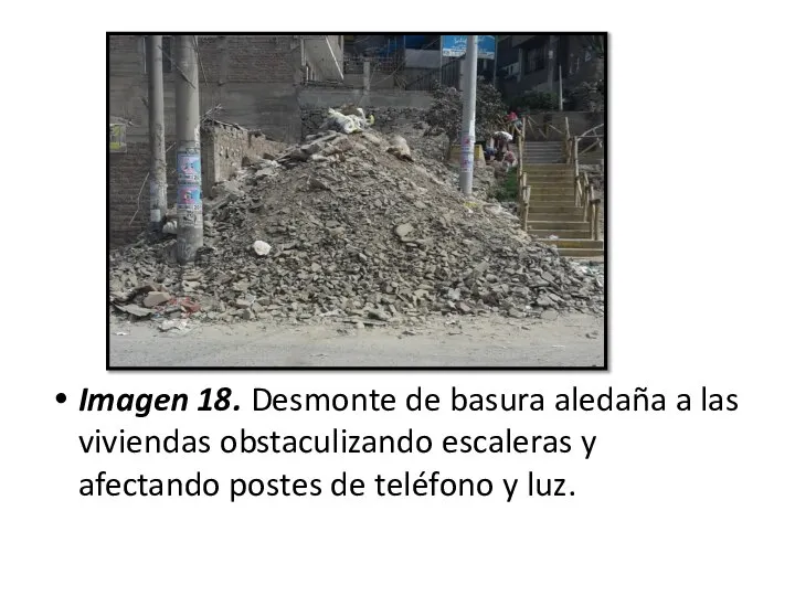 Imagen 18. Desmonte de basura aledaña a las viviendas obstaculizando escaleras