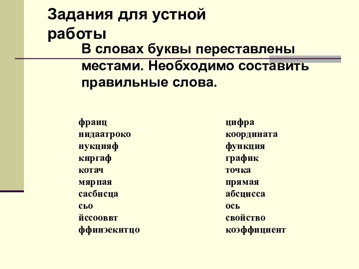 В словах буквы переставлены местами. Необходимо составить правильные слова. Задания для