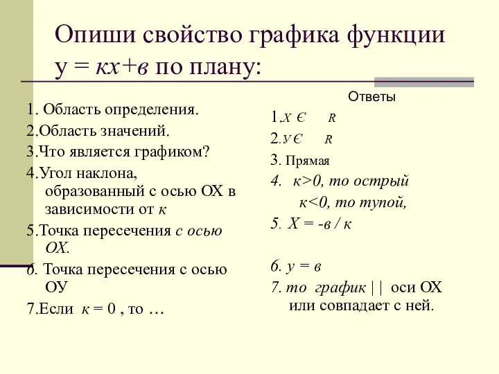 Опиши свойство графика функции у = кх+в по плану: 1. Область