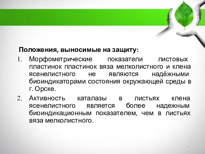 Положения, выносимые на защиту: Морфометрические показатели листовых пластинок пластинок вяза мелколистного