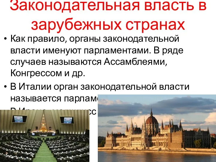 Законодательная власть в зарубежных странах Как правило, органы законодательной власти именуют