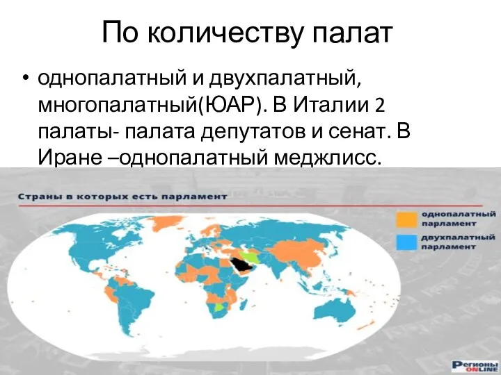 По количеству палат однопалатный и двухпалатный, многопалатный(ЮАР). В Италии 2 палаты-