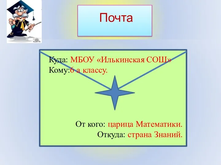 Почта Куда: МБОУ «Илькинская СОШ» Кому:6 а классу. От кого: царица Математики. Откуда: страна Знаний.