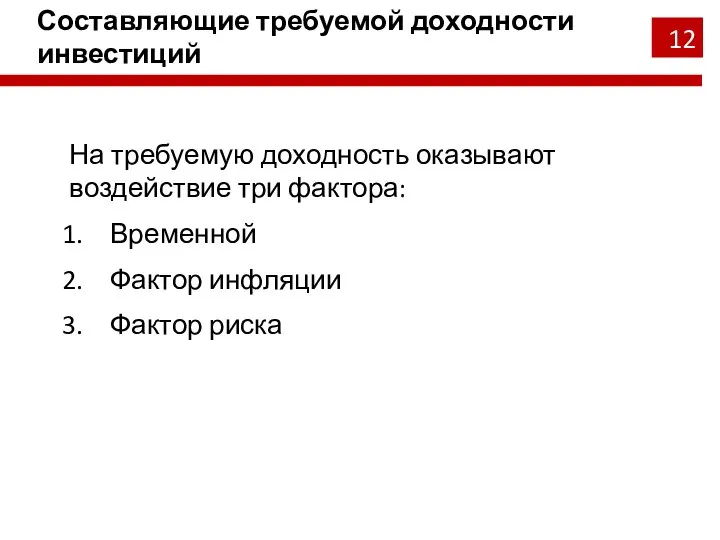 Составляющие требуемой доходности инвестиций На требуемую доходность оказывают воздействие три фактора: Временной Фактор инфляции Фактор риска