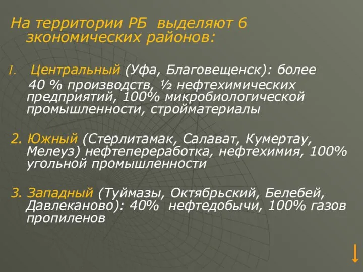 На территории РБ выделяют 6 зкономических районов: Центральный (Уфа, Благовещенск): более