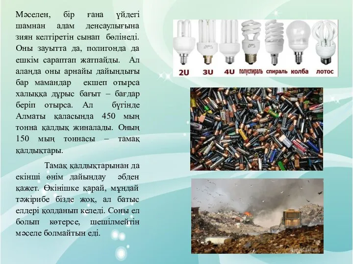 Мәселен, бір ғана үйдегі шамнан адам денсаулығына зиян келтіретін сынап бөлінеді.