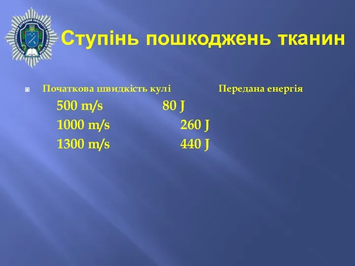 Ступінь пошкоджень тканин Початкова швидкість кулі Передана енергія 500 m/s 80