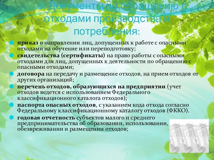 3. Документы по обращению с отходами производства и потребления: приказ о