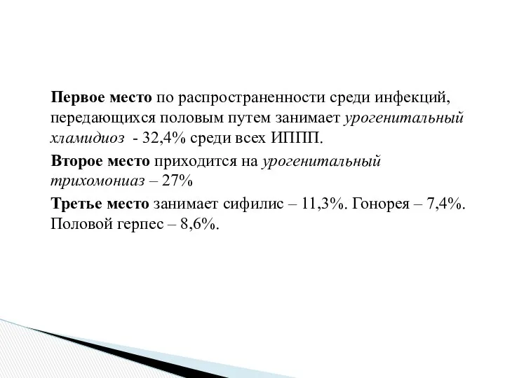 Первое место по распространенности среди инфекций, передающихся половым путем занимает урогенитальный