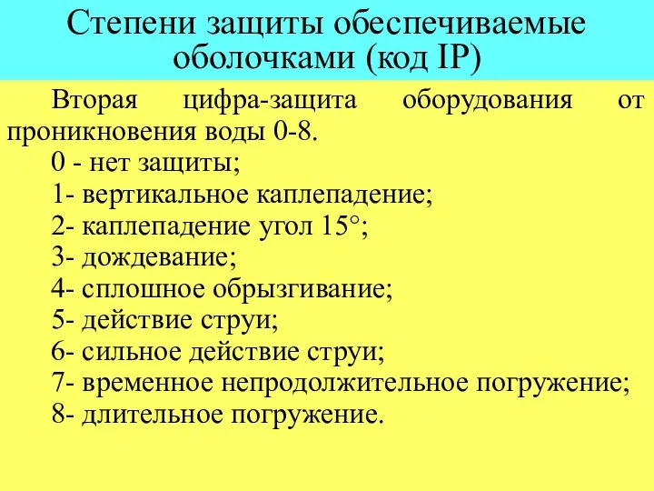 Степени защиты обеспечиваемые оболочками (код IP) Вторая цифра-защита оборудования от проникновения