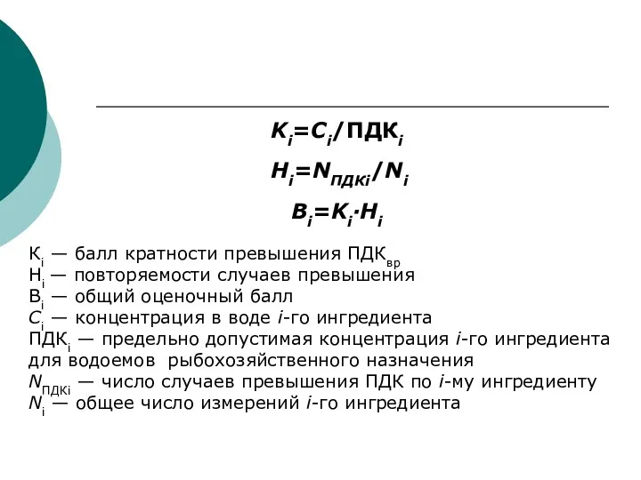 Ki=Ci/ПДКi Hi=NПДКi/Ni Bi=Ki·Hi Кi — балл кратности превышения ПДКвр Нi —