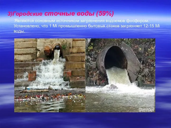 3)Городские сточные воды (59%) Являются основным источником загрязнения водоемов фосфором. Установлено,
