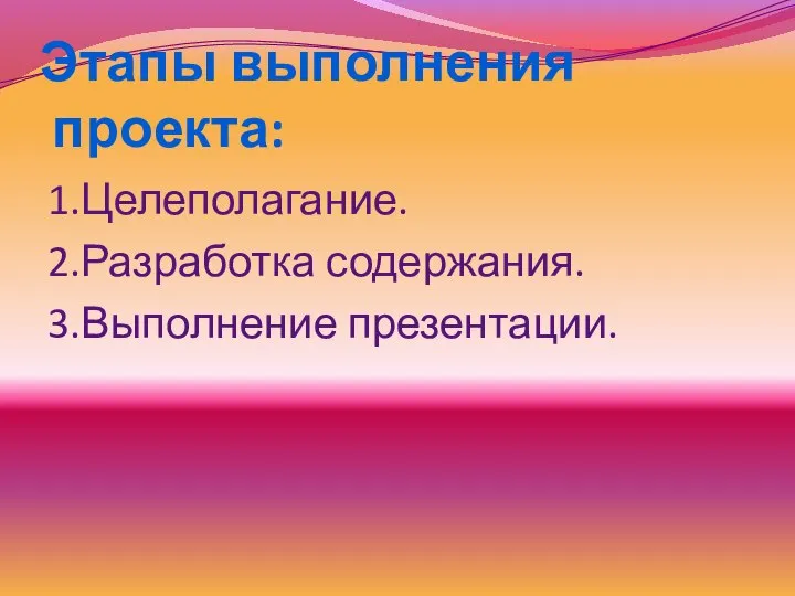 Этапы выполнения проекта: 1.Целеполагание. 2.Разработка содержания. 3.Выполнение презентации.