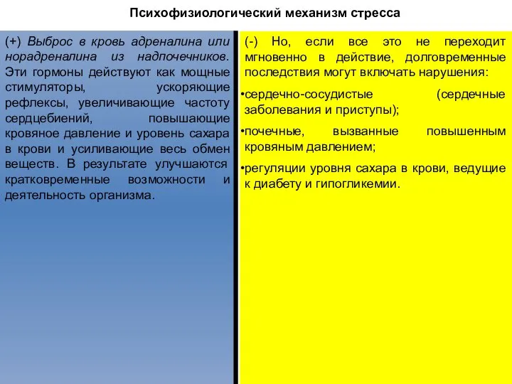 Психофизиологический механизм стресса (+) Выброс в кровь адреналина или норадреналина из