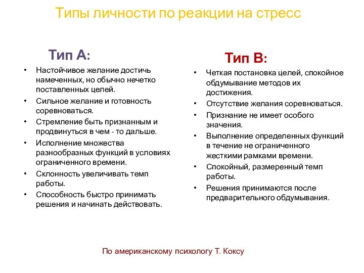 Типы личности по реакции на стресс Тип А: Настойчивое желание достичь