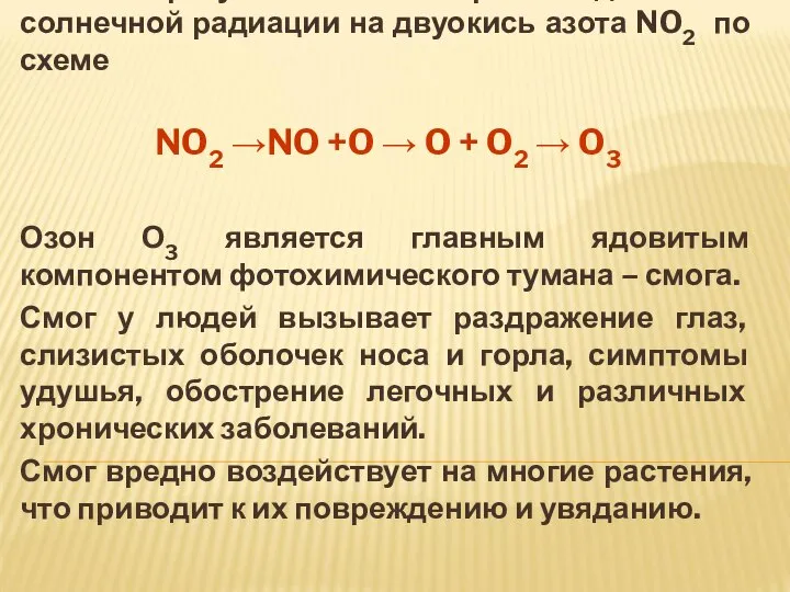 Озон образуется также при воздействии солнечной радиации на двуокись азота NO2