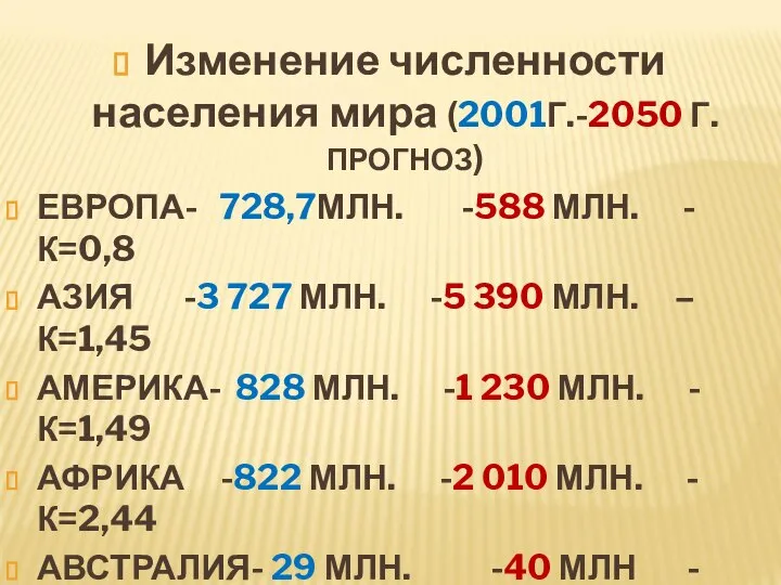 Изменение численности населения мира (2001Г.-2050 Г. ПРОГНОЗ) ЕВРОПА- 728,7МЛН. -588 МЛН.