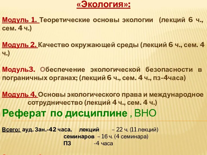 Структура учебной дисциплины «Экология»: Модуль 1. Теоретические основы экологии (лекций 6