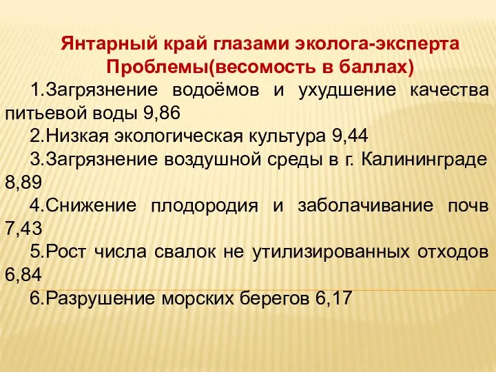 Янтарный край глазами эколога-эксперта Проблемы(весомость в баллах) 1.Загрязнение водоёмов и ухудшение