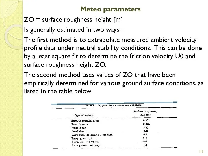 Meteo parameters ZO = surface roughness height [m] Is generally estimated