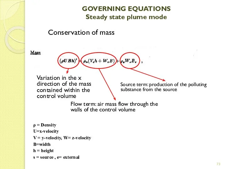 GOVERNING EQUATIONS Steady state plume mode Conservation of mass Variation in