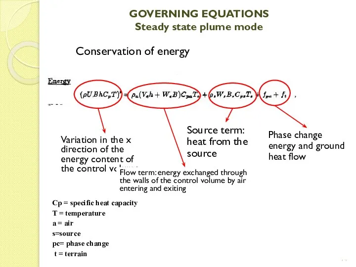 GOVERNING EQUATIONS Steady state plume mode Conservation of energy Variation in