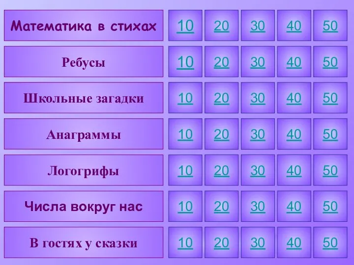 Математика в стихах Ребусы Школьные загадки Анаграммы Логогрифы Числа вокруг нас