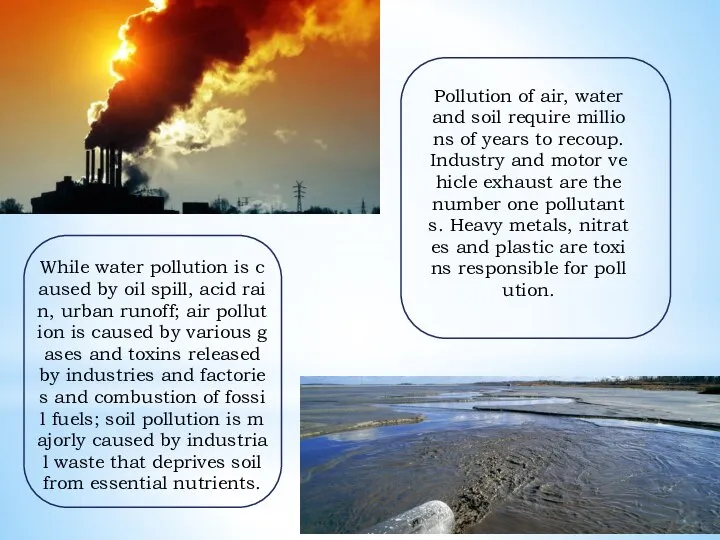 While water pollution is caused by oil spill, acid rain, urban