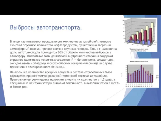 Выбросы автотранспорта. В мире насчитывается несколько сот миллионов автомобилей, которые сжигают