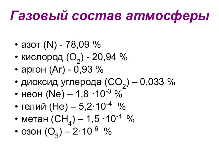 Газовый состав атмосферы азот (N) - 78,09 % кислород (O2) -