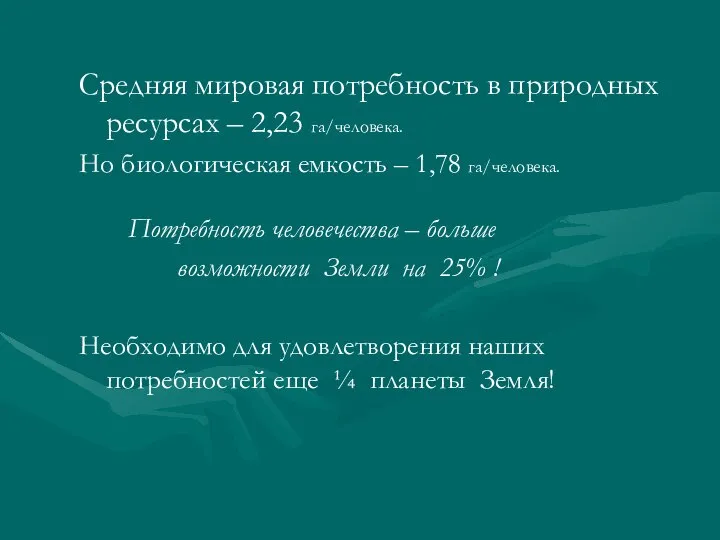 Средняя мировая потребность в природных ресурсах – 2,23 га/человека. Но биологическая