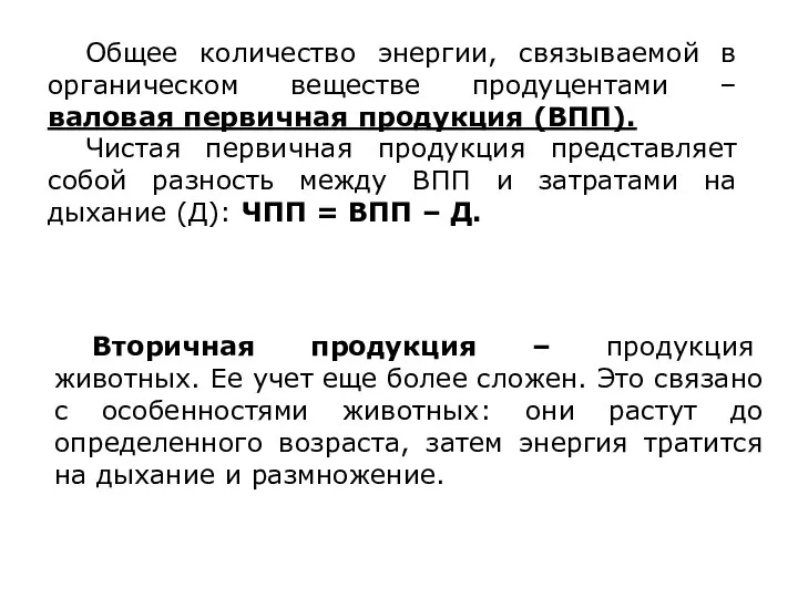 Общее количество энергии, связываемой в органическом веществе продуцентами – валовая первичная