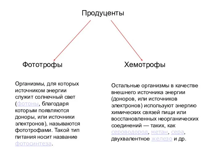 Продуценты Фототрофы Хемотрофы Организмы, для которых источником энергии служит солнечный свет