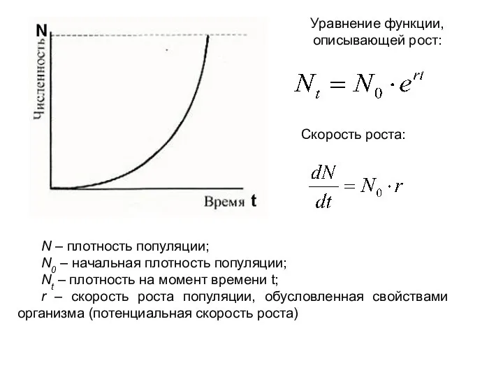 Уравнение функции, описывающей рост: Скорость роста: N – плотность популяции; N0