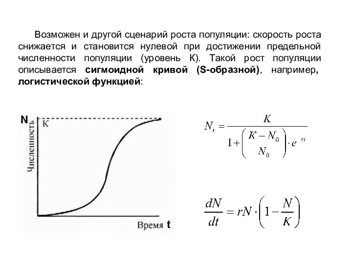 Возможен и другой сценарий роста популяции: скорость роста снижается и становится