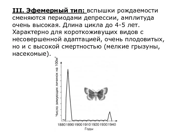 III. Эфемерный тип: вспышки рождаемости сменяются периодами депрессии, амплитуда очень высокая.