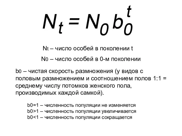 Nt – число особей в поколении t N0 – число особей