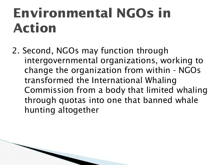 2. Second, NGOs may function through intergovernmental organizations, working to change