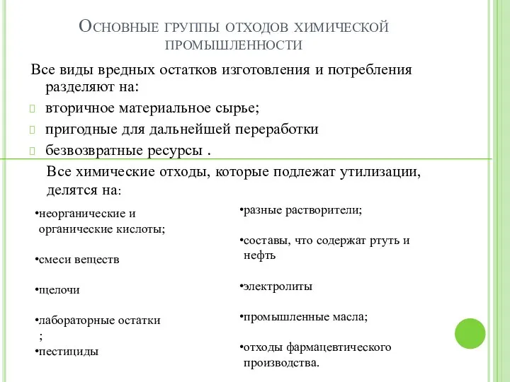 Основные группы отходов химической промышленности Все виды вредных остатков изготовления и