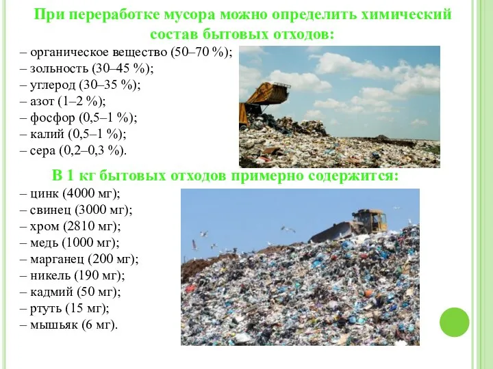 При переработке мусора можно определить химический состав бытовых отходов: – органическое