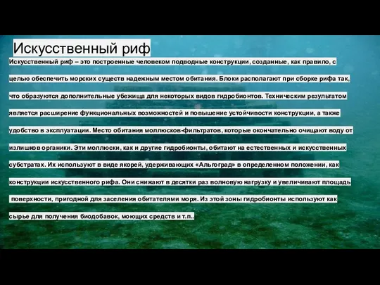 Искусственный риф Искусственный риф – это построенные человеком подводные конструкции, созданные,