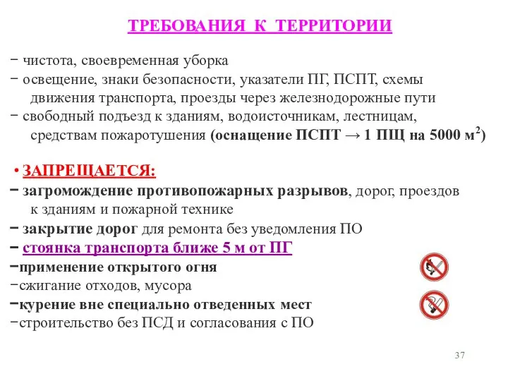 ТРЕБОВАНИЯ К ТЕРРИТОРИИ чистота, своевременная уборка освещение, знаки безопасности, указатели ПГ,