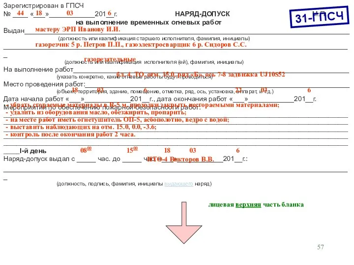 Зарегистрирован в ГПСЧ № ____ «___»____________201__г. НАРЯД-ДОПУСК М.П. на выполнение временных