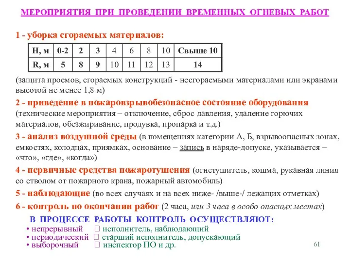 1 - уборка сгораемых материалов: (защита проемов, сгораемых конструкций - несгораемыми