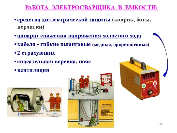 средства диэлектрической защиты (коврик, боты, перчатки) аппарат снижения напряжения холостого хода