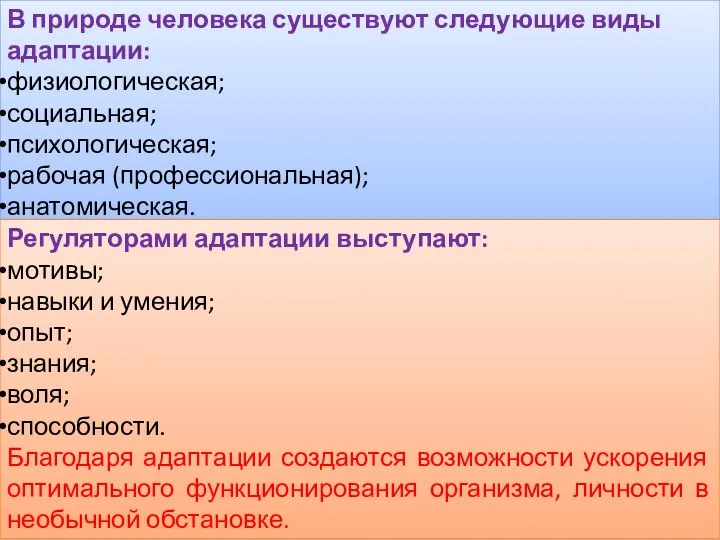 В природе человека существуют следующие виды адаптации: физиологическая; социальная; психологическая; рабочая