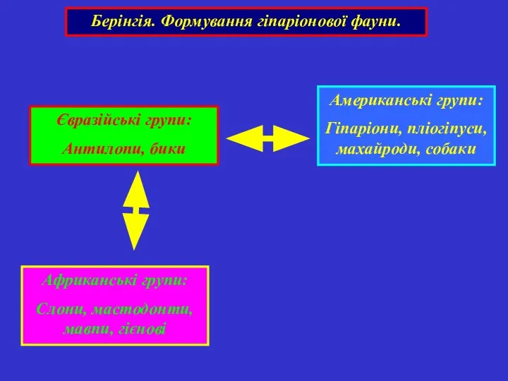 Берінгія. Формування гіпаріонової фауни. Американські групи: Гіпаріони, пліогіпуси, махайроди, собаки Євразійські