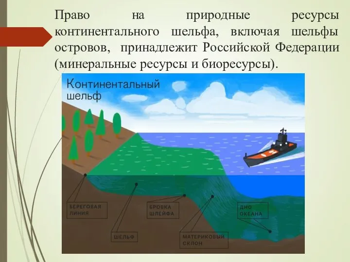 Право на природные ресурсы континентального шельфа, включая шельфы островов, принадлежит Российской Федерации (минеральные ресурсы и биоресурсы).